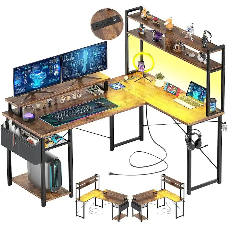 Bureau d'angle en forme de L style ferme avec prise de courant, table de jeu avec étagère et lumière LED