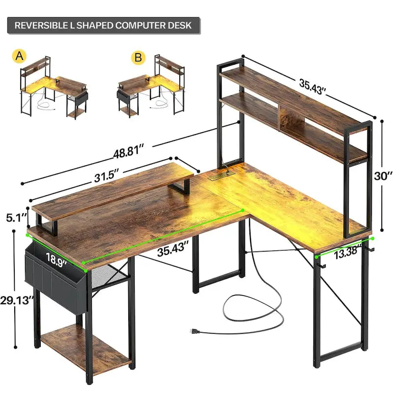 Farmhouse L-shaped Desk with Power Outlet, Gaming Table with Hutch and LED Light
