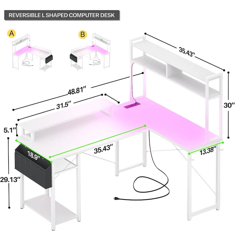 Farmhouse L-shaped Desk with Power Outlet, Gaming Table with Hutch and LED Light