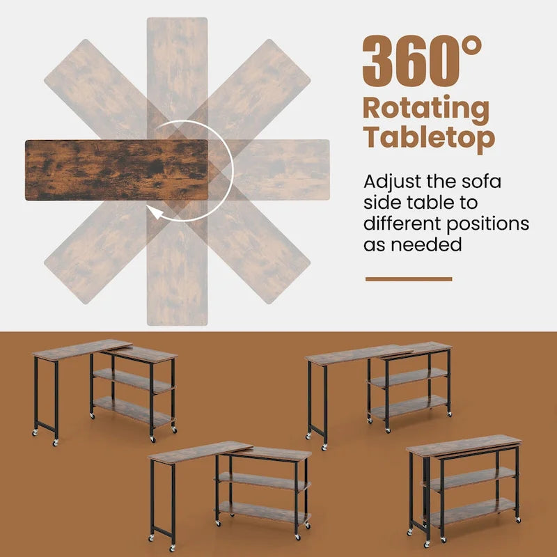 360° Rotating Sofa Side Table, Mobile L-Shaped Laptop Table