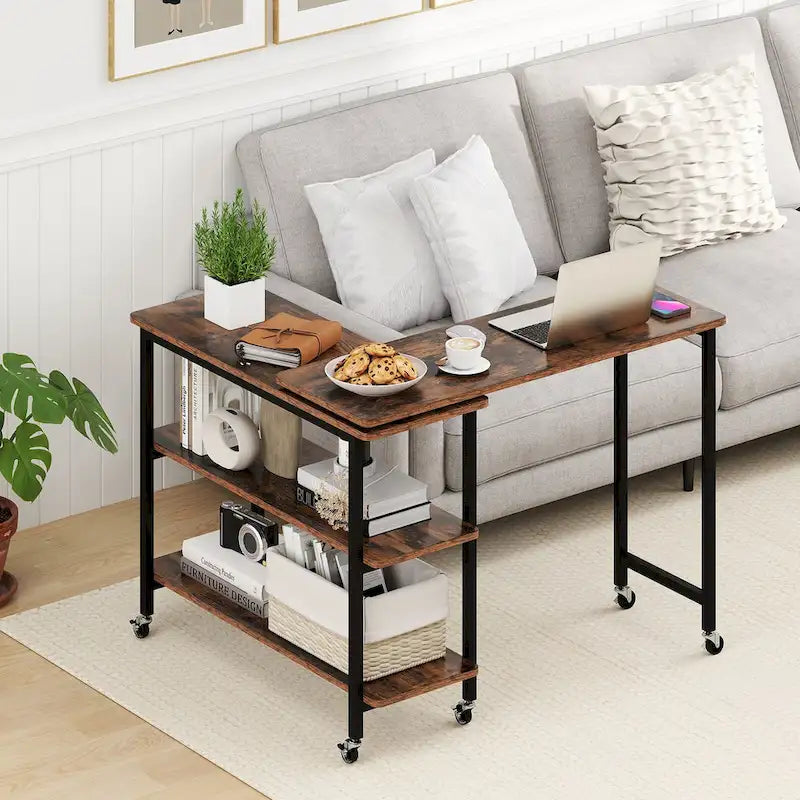 360° Rotating Sofa Side Table, Mobile L-Shaped Laptop Table