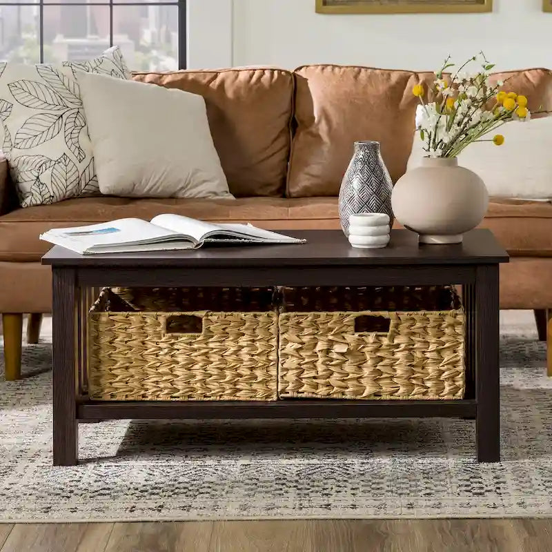 40-Inch Mission Style Coffee Table with 2 Wicker Storage Baskets