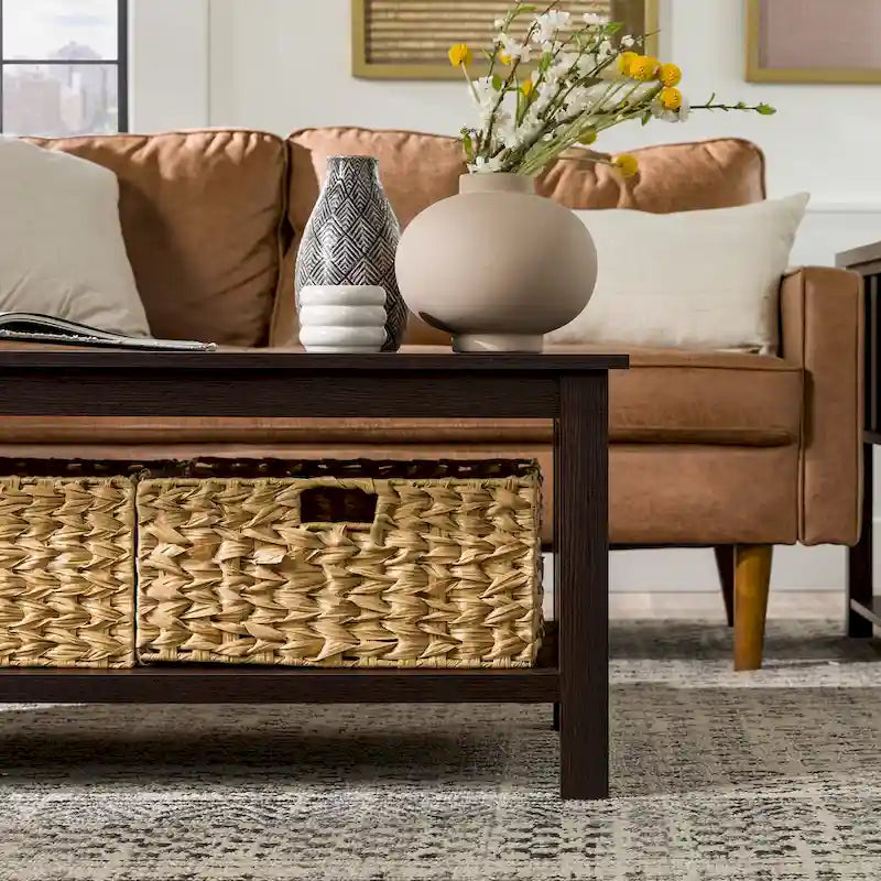 40-Inch Mission Style Coffee Table with 2 Wicker Storage Baskets