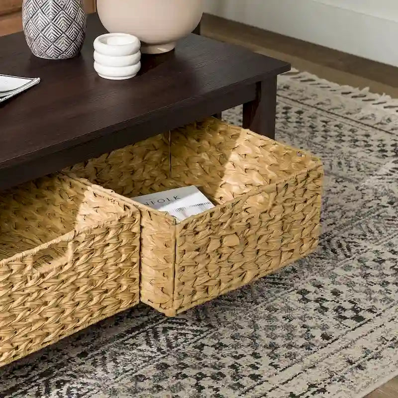40-Inch Mission Style Coffee Table with 2 Wicker Storage Baskets