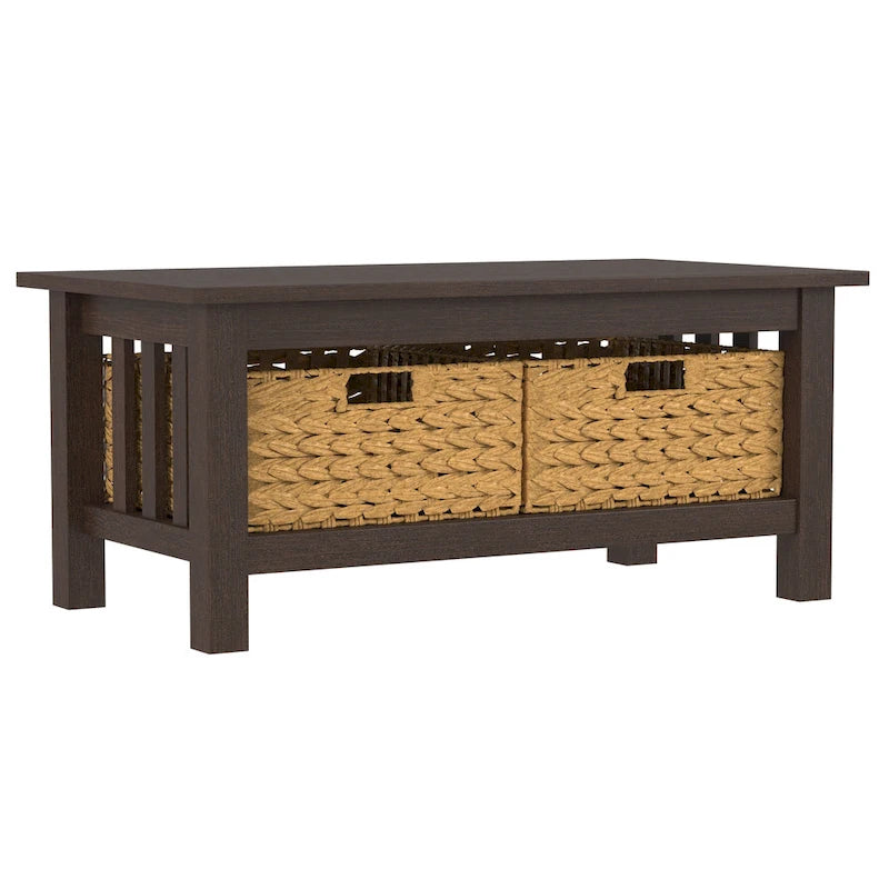 40-Inch Mission Style Coffee Table with 2 Wicker Storage Baskets