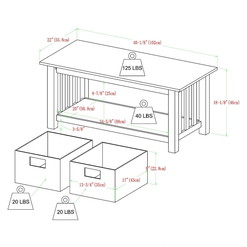 40-Inch Mission Style Coffee Table with 2 Wicker Storage Baskets