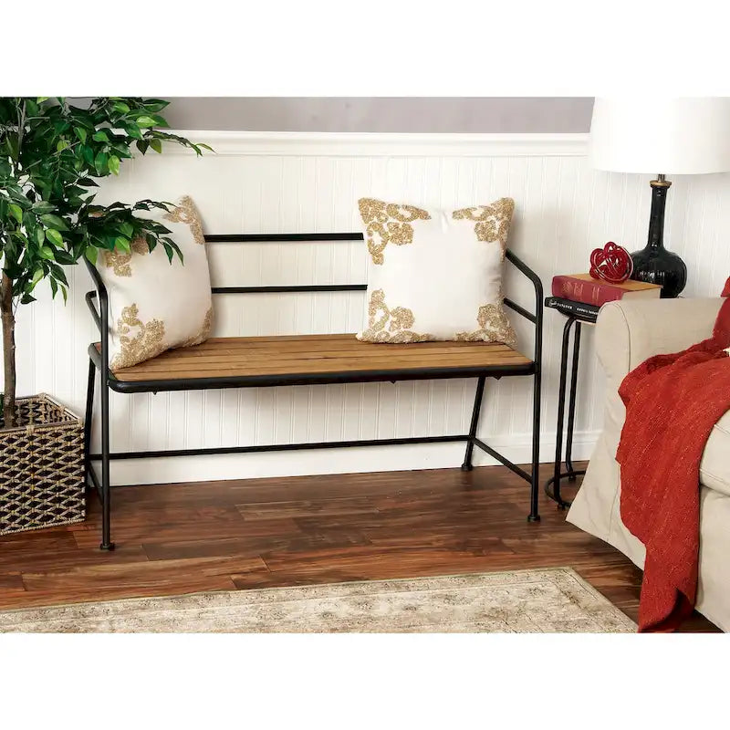 Industrial Metal Bench with Wood Seat - Black - 18Wx45Lx28H