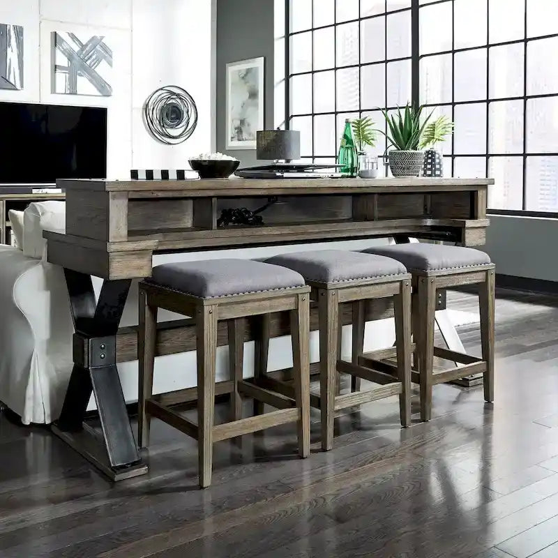 Rustic Upholstered Console Stool, Weathered Bark & Antique Pewter - 17x17x26