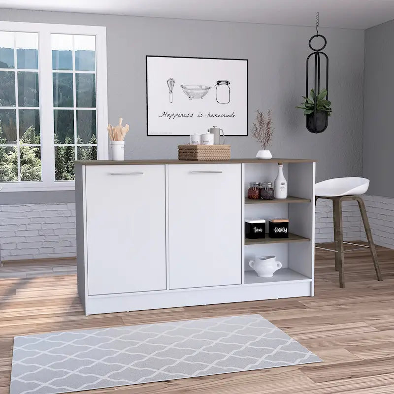 59-inch Wide Kitchen Island with 3 Open Shelves and 2 Cabinets