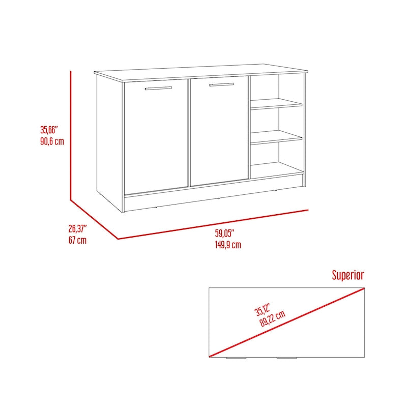 59-inch Wide Kitchen Island with 3 Open Shelves and 2 Cabinets