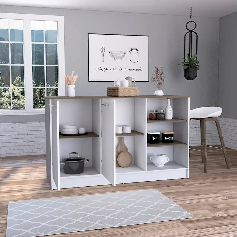 59-inch Wide Kitchen Island with 3 Open Shelves and 2 Cabinets