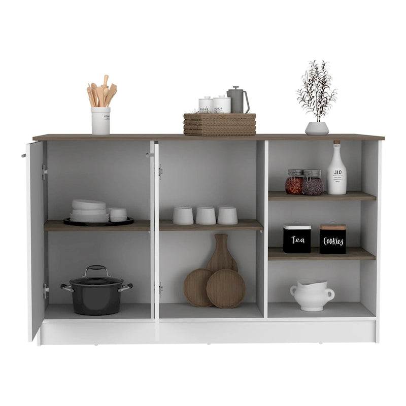 59-inch Wide Kitchen Island with 3 Open Shelves and 2 Cabinets