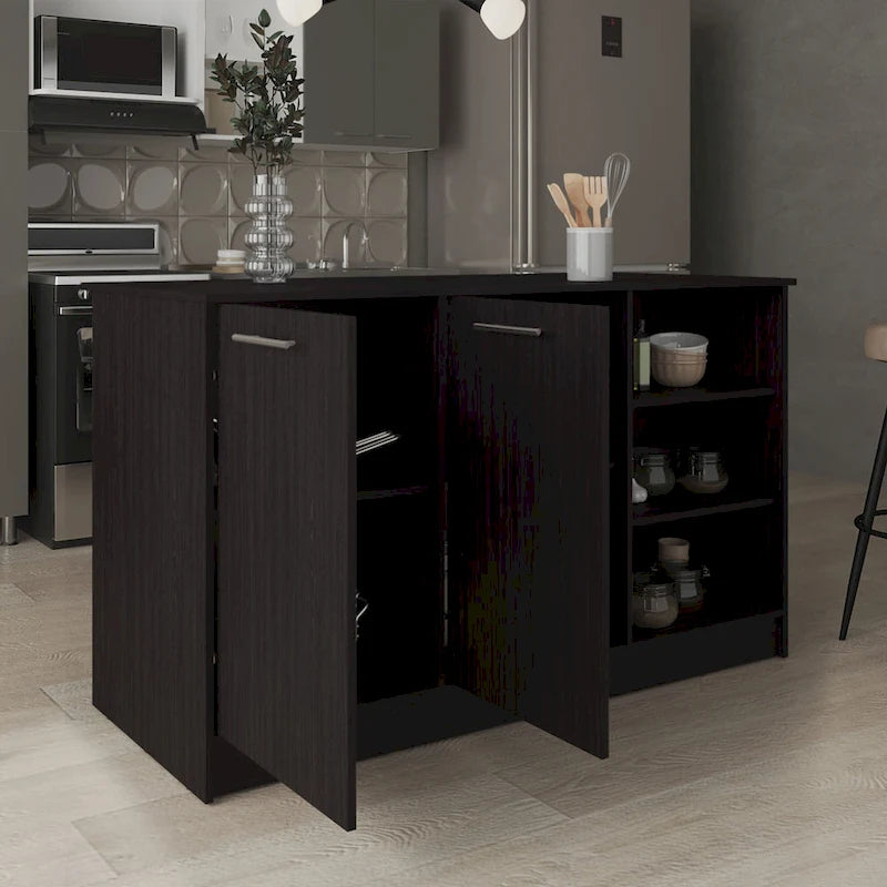 59-inch Wide Kitchen Island with 3 Open Shelves and 2 Cabinets