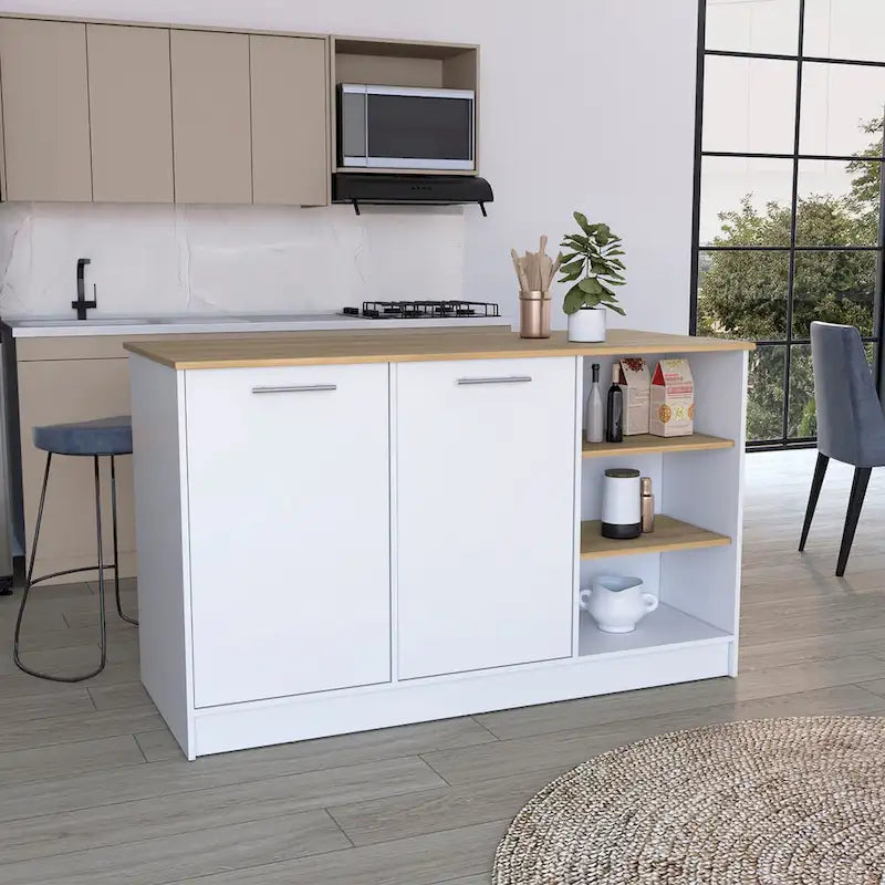 59-inch Wide Kitchen Island with 3 Open Shelves and 2 Cabinets