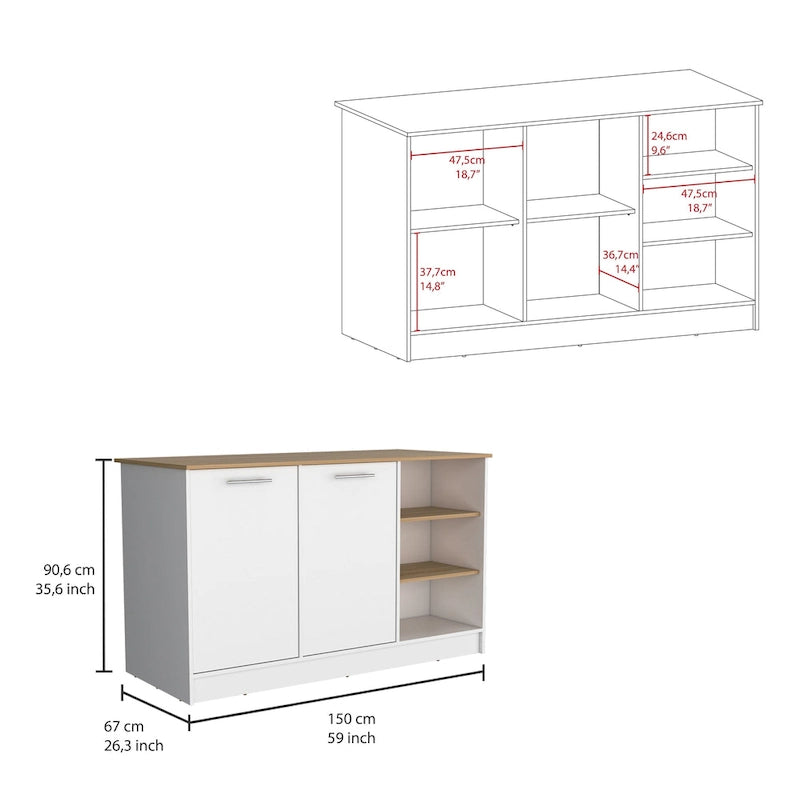 59-inch Wide Kitchen Island with 3 Open Shelves and 2 Cabinets