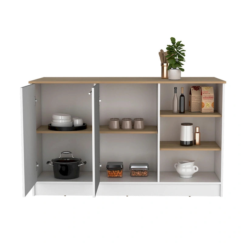 59-inch Wide Kitchen Island with 3 Open Shelves and 2 Cabinets