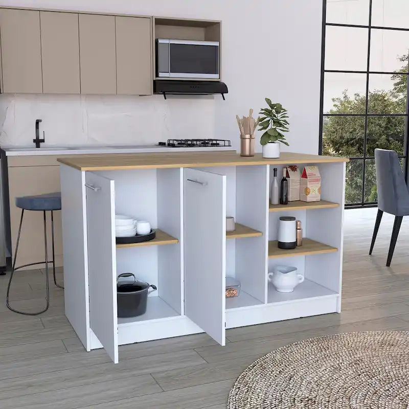 59-inch Wide Kitchen Island with 3 Open Shelves and 2 Cabinets