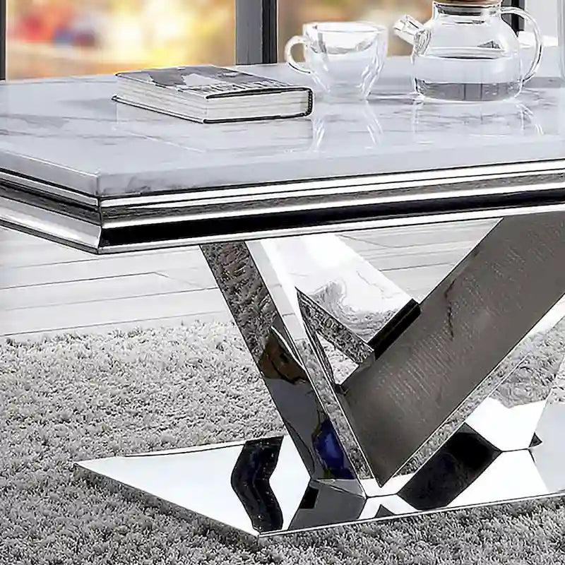 Glam 51-inch Faux Marble Top Coffee Table with Chrome V-Pedestal Base