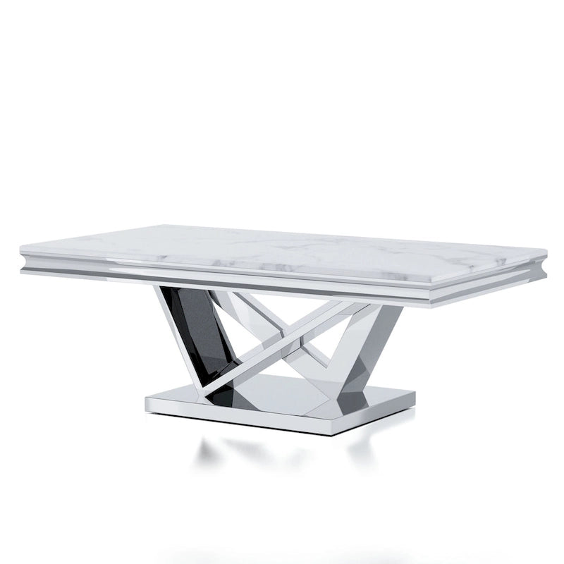 Glam 51-inch Faux Marble Top Coffee Table with Chrome V-Pedestal Base