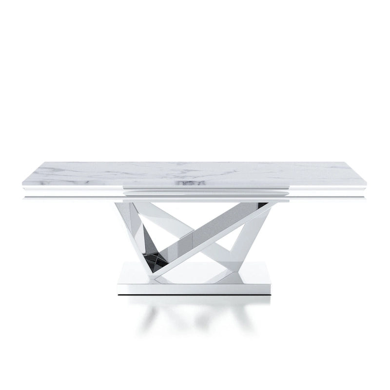 Glam 51-inch Faux Marble Top Coffee Table with Chrome V-Pedestal Base