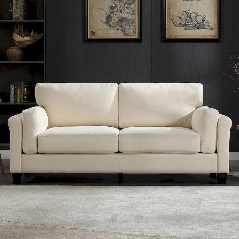 Modern Double Arm Sofa, Deep Seat, Pillowed Back Cushions, Durable Linen Fabric