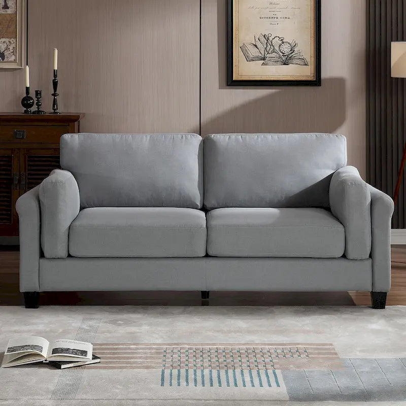 Modern Double Arm Sofa, Deep Seat, Pillowed Back Cushions, Durable Linen Fabric