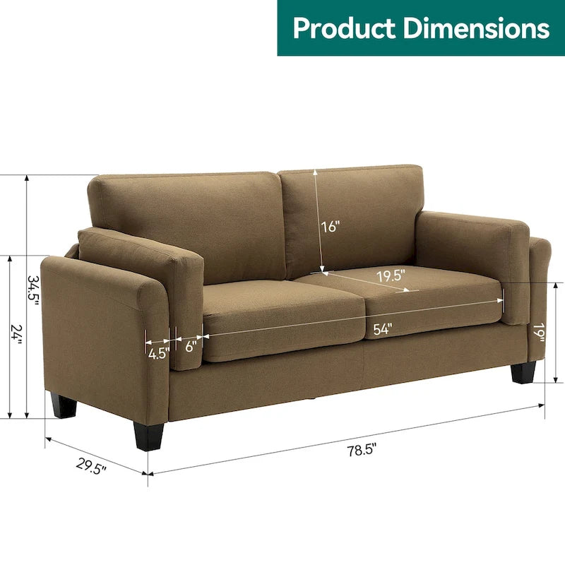 Modern Double Arm Sofa, Deep Seat, Pillowed Back Cushions, Durable Linen Fabric