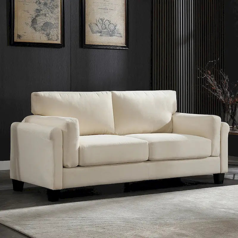 Modern Double Arm Sofa, Deep Seat, Pillowed Back Cushions, Durable Linen Fabric