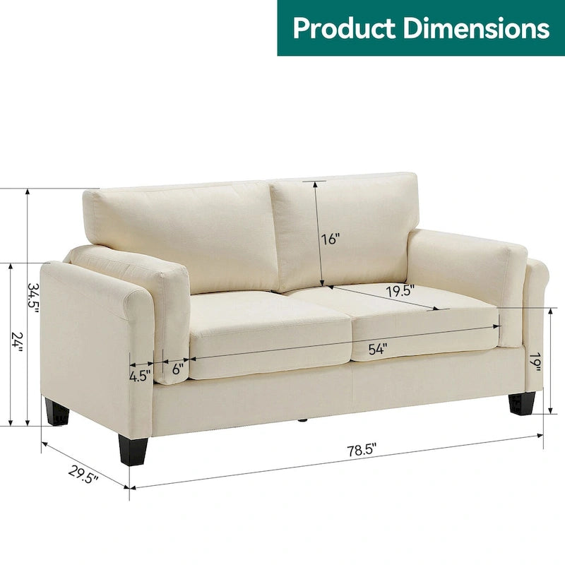 Modern Double Arm Sofa, Deep Seat, Pillowed Back Cushions, Durable Linen Fabric