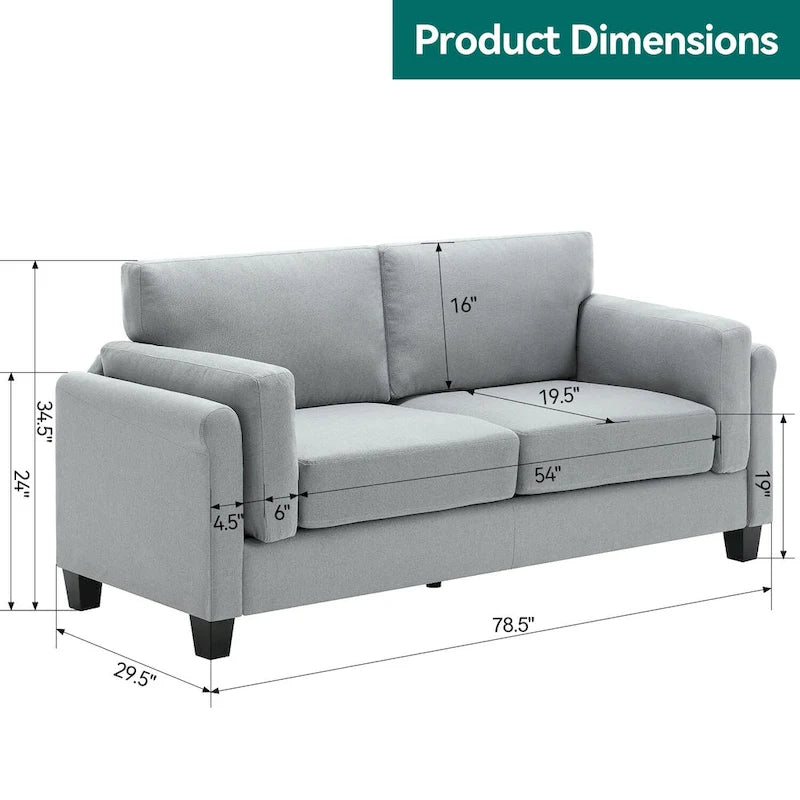 Modern Double Arm Sofa, Deep Seat, Pillowed Back Cushions, Durable Linen Fabric