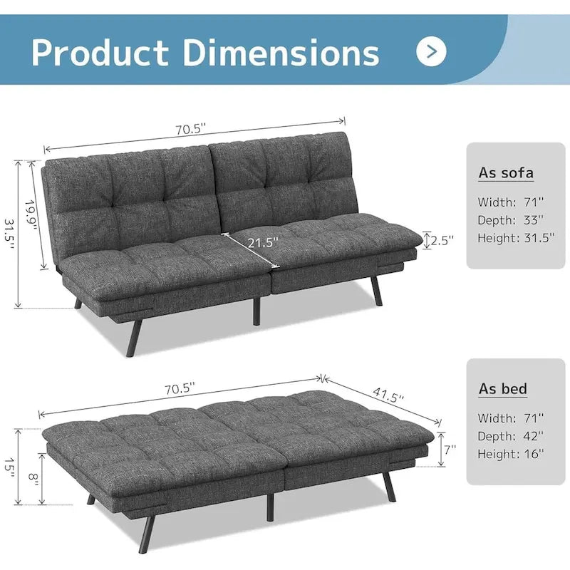 Modern Linen Futon with Memory Foam and Adjustable Armrests