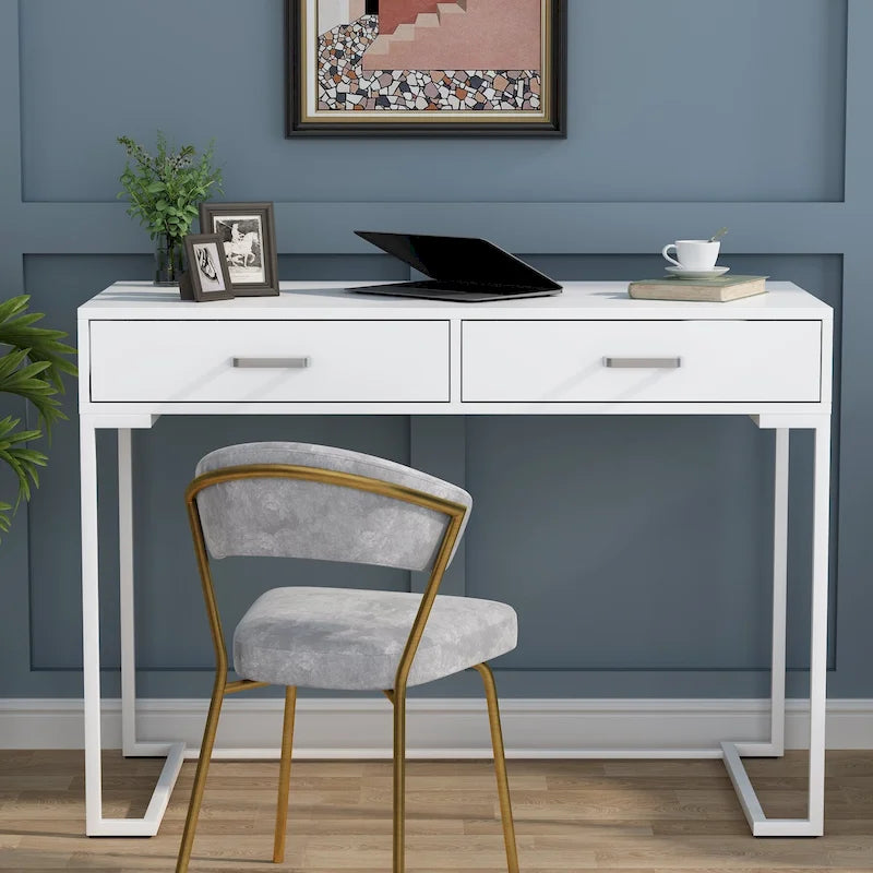 Bureau informatique blanc et doré de 100 cm avec 2 tiroirs