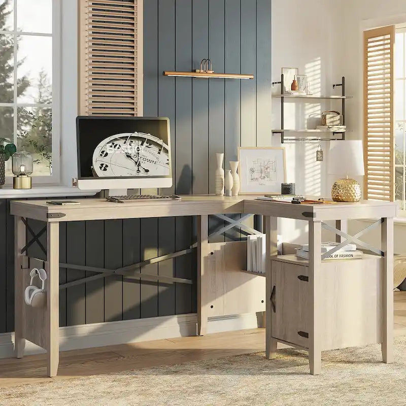 Bureau d'ordinateur en L pour bureau à domicile de style ferme avec armoire de rangement