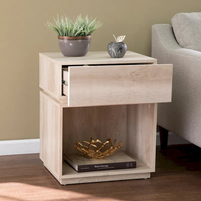 Transitional Whitewash Wood Side Table with Charging Station
