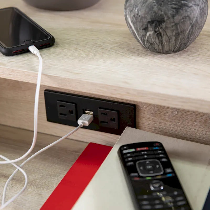 Transitional Whitewash Wood Side Table with Charging Station