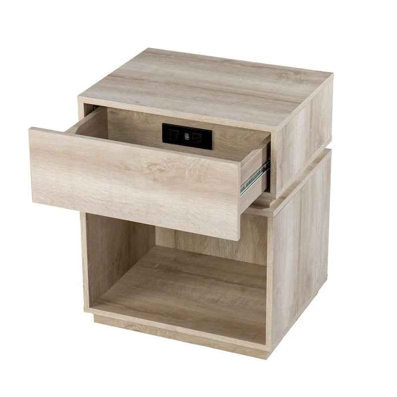 Transitional Whitewash Wood Side Table with Charging Station