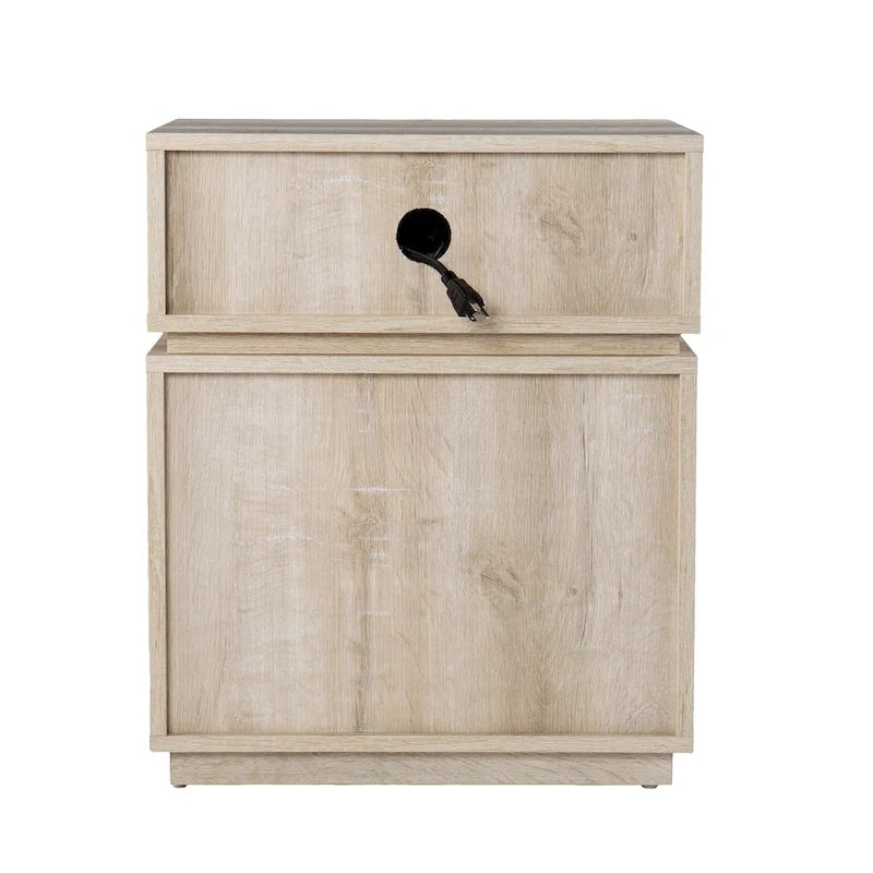 Transitional Whitewash Wood Side Table with Charging Station