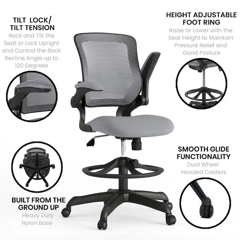 Mid-Back Mesh Ergonomic Drafting Chair with Foot Ring and Flip-Up Arms