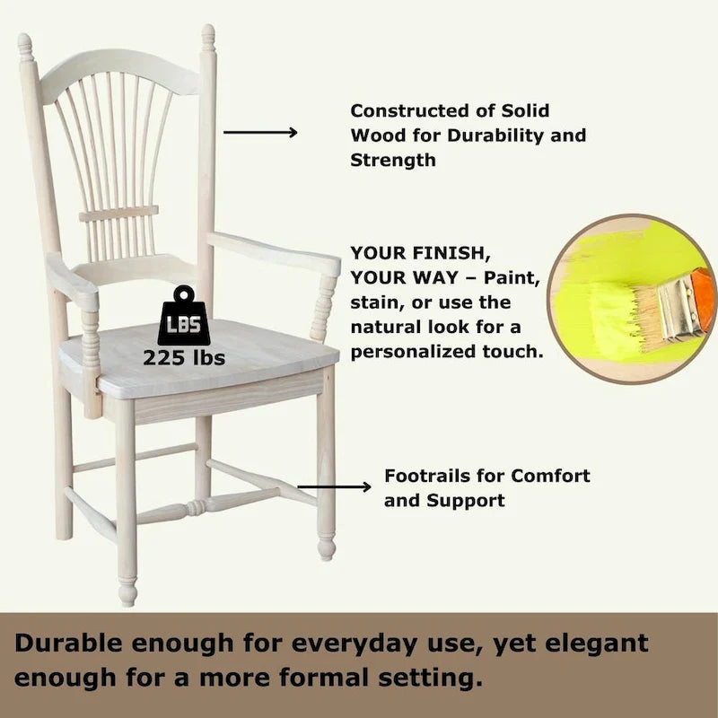 Solid Wood Sheafback Dining Chair with Arms, Unfinished