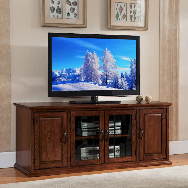 Burnished Oak Leaded Glass TV Stand - 60 inch