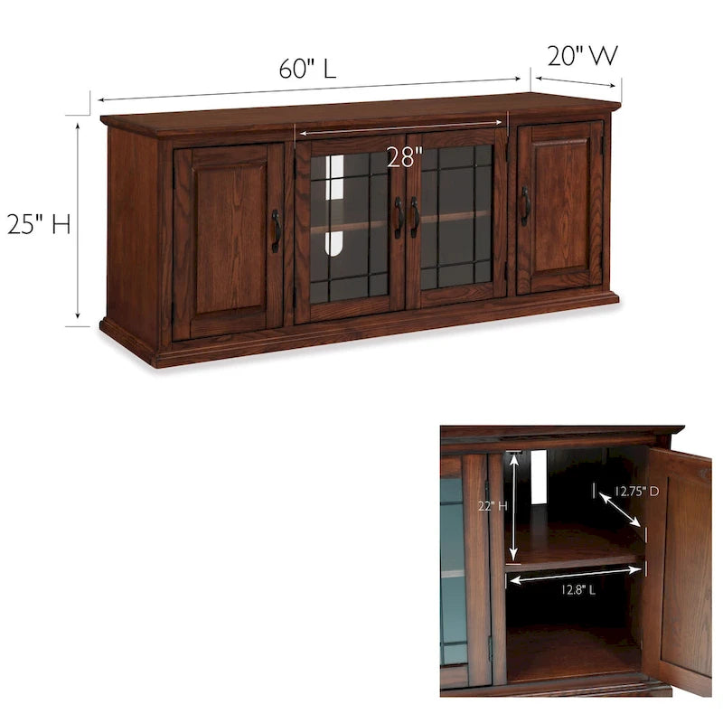 Burnished Oak Leaded Glass TV Stand - 60 inch