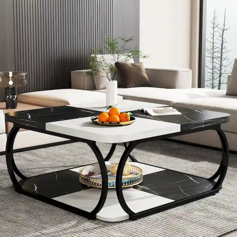 Table basse carrée à 2 niveaux de 99 cm avec cadre en métal pour salon