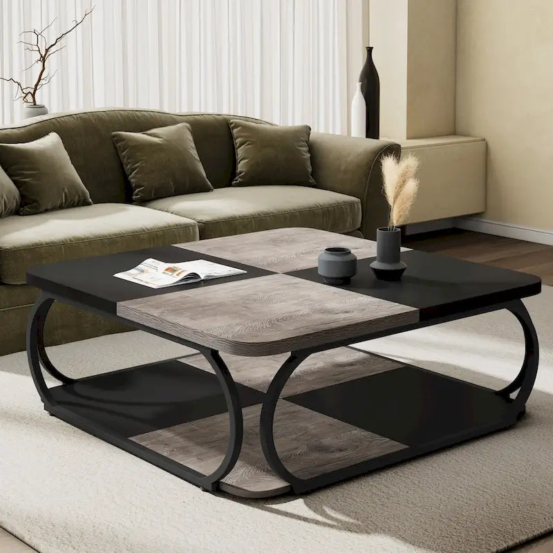 Table basse carrée à 2 niveaux de 99 cm avec cadre en métal pour salon