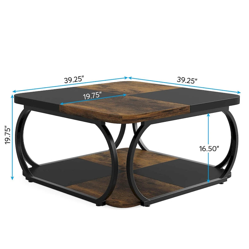39 Inche 2-Tier Square Coffee Table with Metal Frame for Living Room