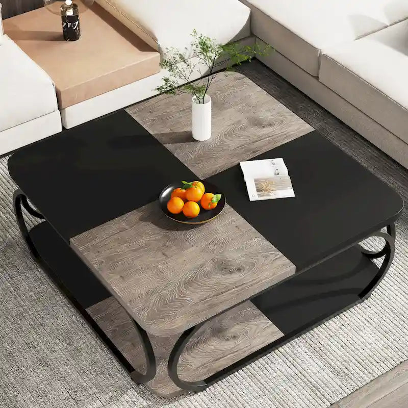 39 Inche 2-Tier Square Coffee Table with Metal Frame for Living Room