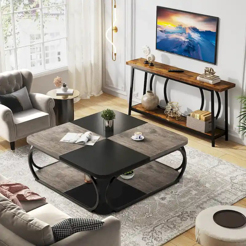 39 Inche 2-Tier Square Coffee Table with Metal Frame for Living Room