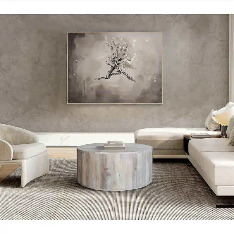 36 Inch Coffee Table, Handcrafted Drum Shape, Washed White Mango Wood
