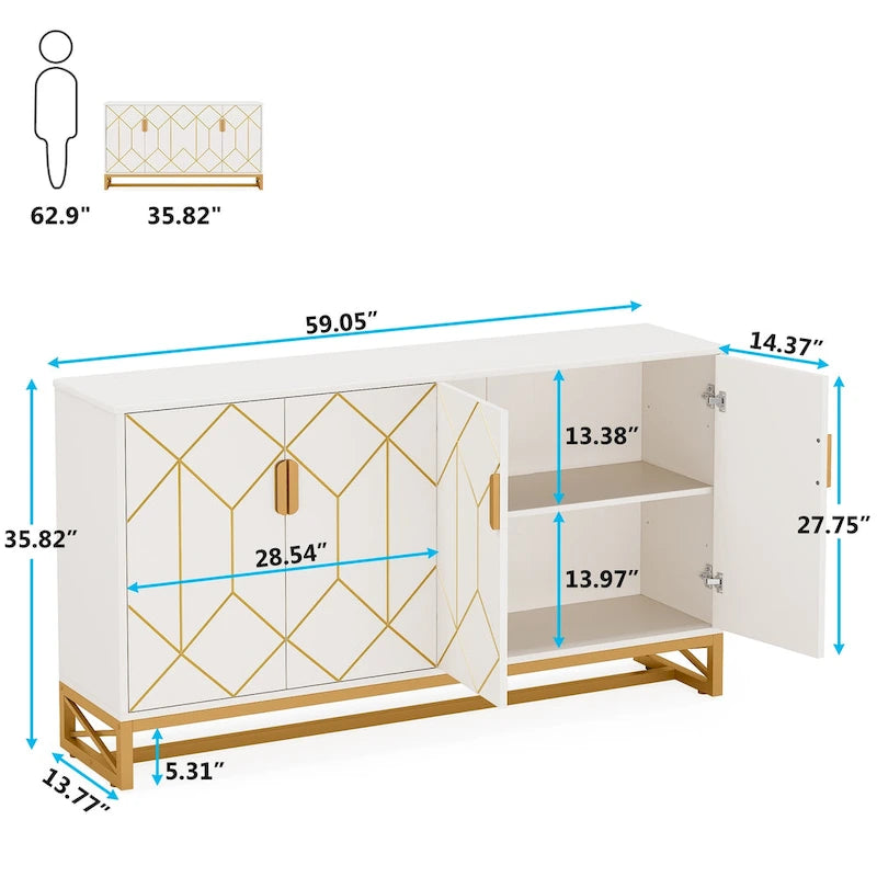 White Gold Buffet Cabinet with Storage Kitchen Sideboard Storage