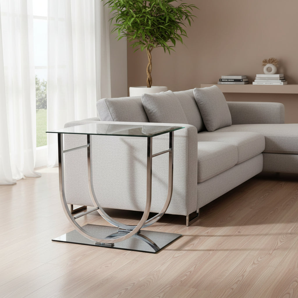 Tempered Glass Top End Table with U Shape Metal Frame, Chrome and Clear