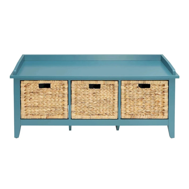 43-inch Teal Blue Solid Wood Storage Bench with Rattan Baskets